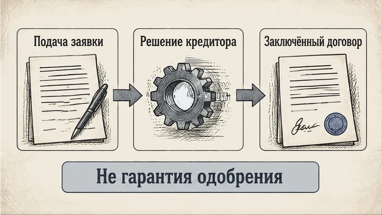 Заявка и заключённый договор — разные этапы; одобрение не гарантировано