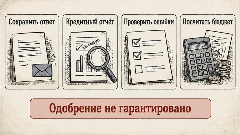 Сохранить ответ, проверить кредитный отчёт и бюджет; исправление не гарантирует выдачу
