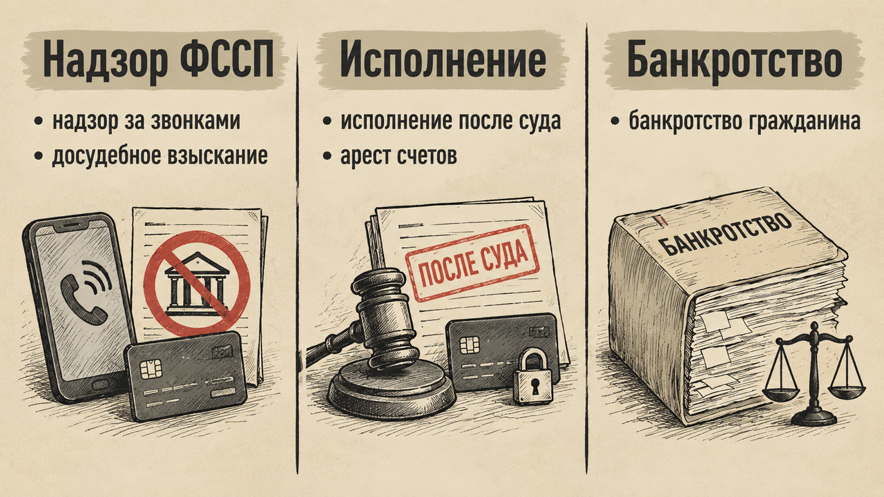 Схема трех независимых контуров: надзор ФССП за досудебным взысканием, судебное исполнительное производство и банкротство