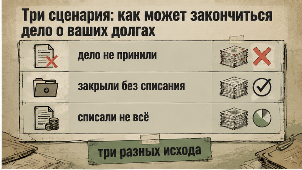 Сравнение трёх исходов банкротства: отказ, завершение без списания и частичное списание