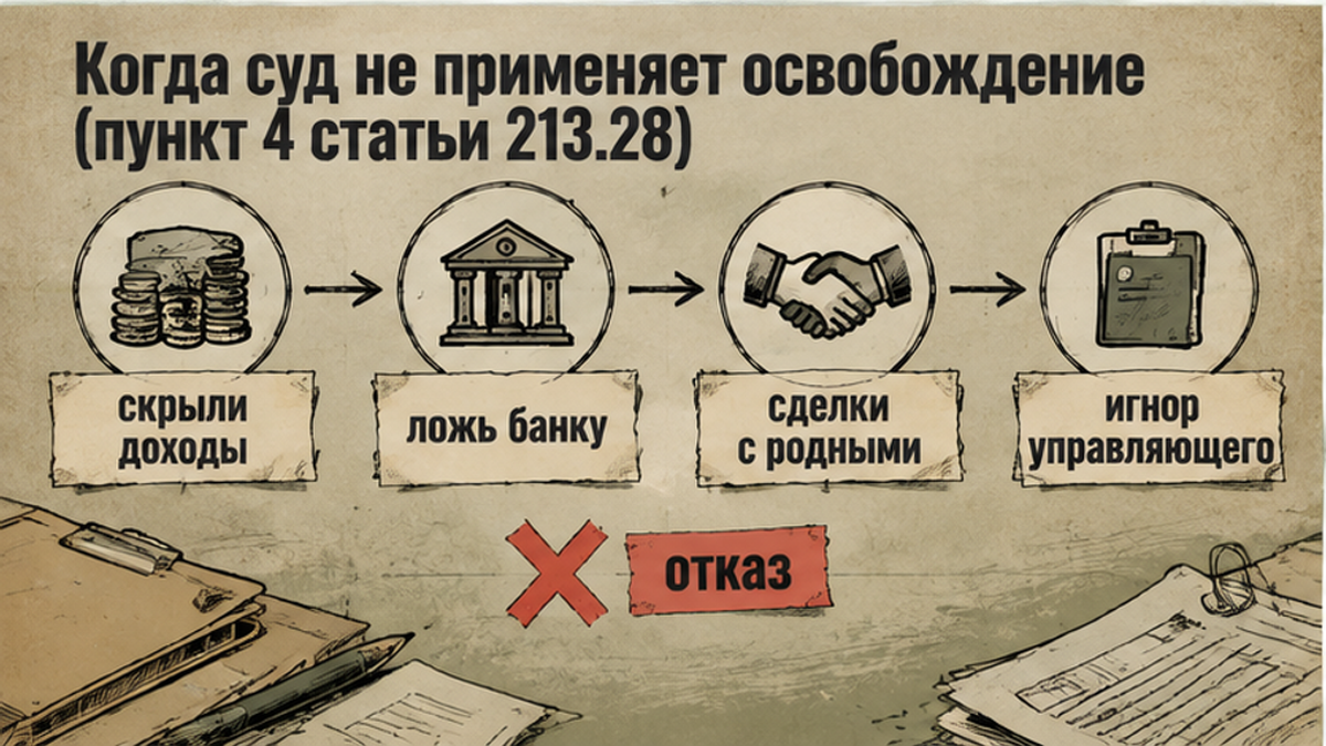Схема: типичные нарушения должника, из‑за которых суд отказывает в освобождении от долгов