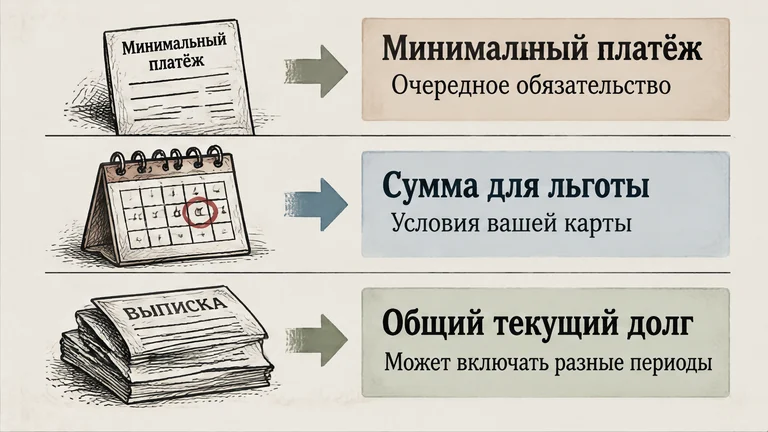 Три величины по кредитной карте: минимальный платёж, сумма для льготы и общий текущий долг