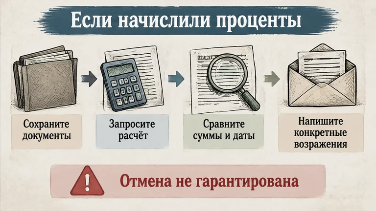 Проверка начисленных процентов: документы, расчёт, сравнение и письменные возражения без гарантии отмены