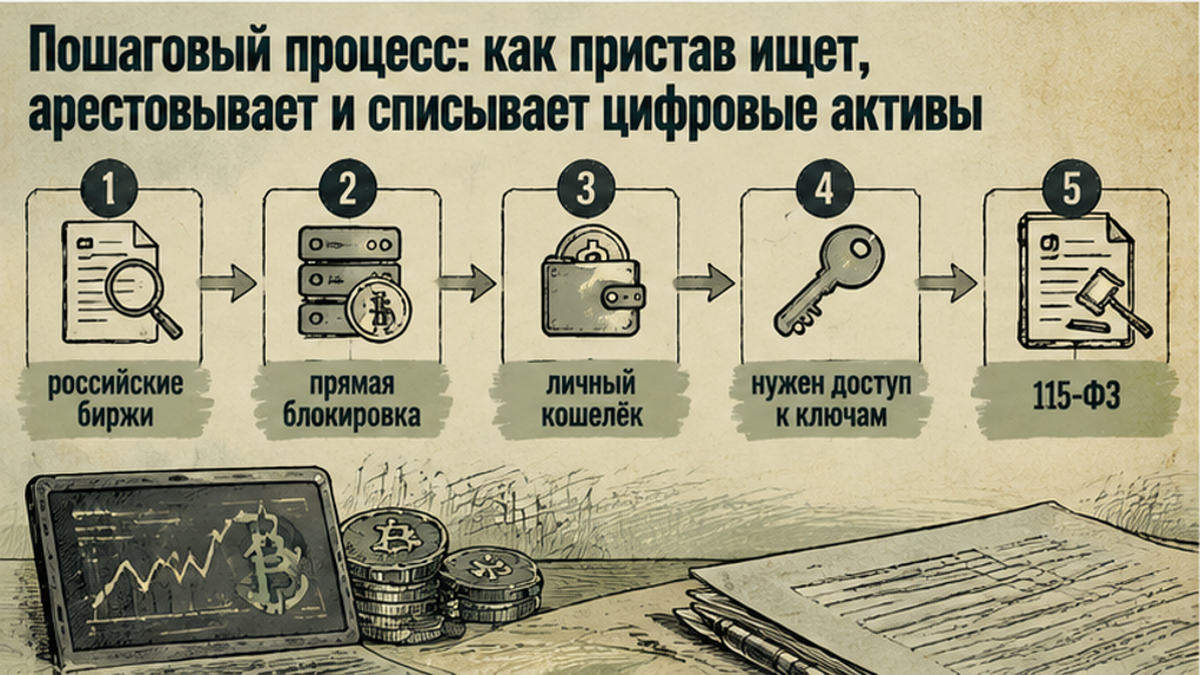 Схема: пошаговый процесс ареста и списания цифровых активов приставом