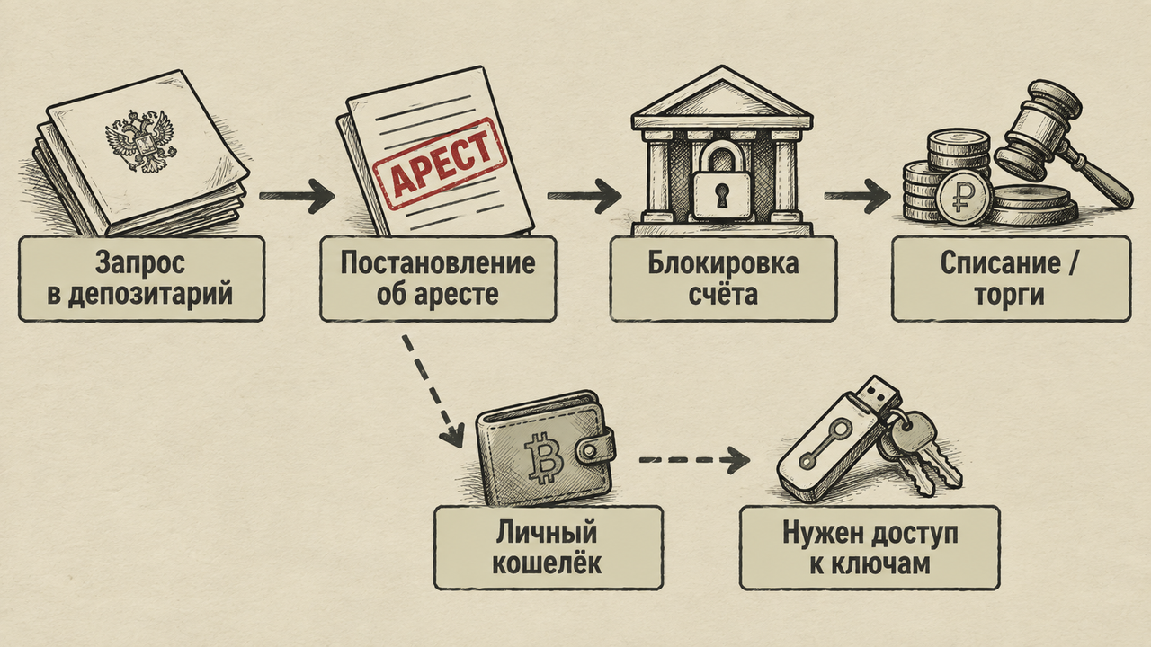 Схема: запрос, постановление, блокировка и списание цифровых активов приставом
