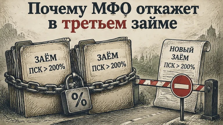 Сатирическая иллюстрация: два непогашенных дорогих договора удерживают третий заём за закрытой дверью МФО