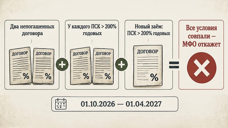 Условия запрета: два непогашенных договора, по каждому ПСК выше 200% годовых, новый заём тоже с ПСК выше 200%