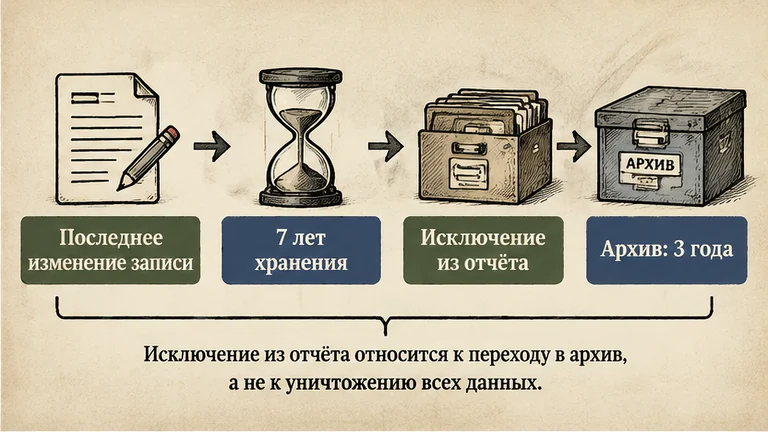 Срок записи: последнее изменение, семь лет, исключение из отчёта и архив
