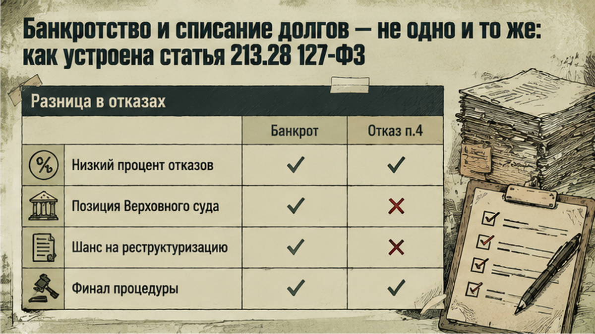 Сравнение: признание банкротом и отказ в списании по статье 213.28