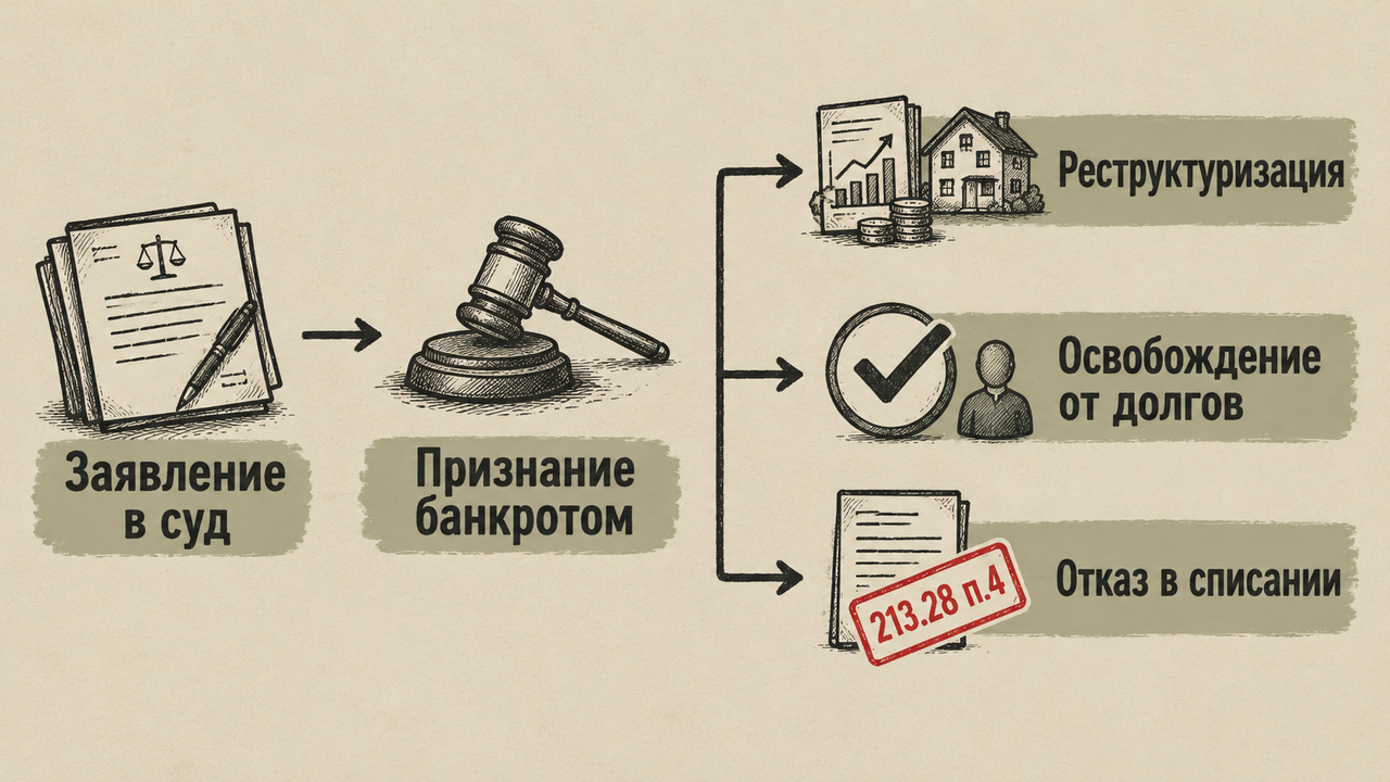 Схема исходов судебного банкротства: реструктуризация, освобождение от долгов и отказ в списании по статье 213.28